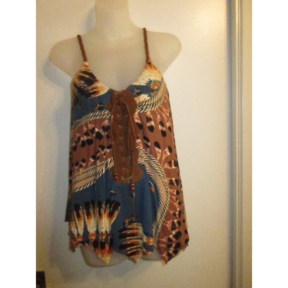 Sky Clothing Brand XS Top Handkerchief Suede Leather Printed Feathers FLAWED - Picture 1 of 6